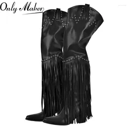 Boots Onlymaker Women Black Fringe Over The Knee Chunky Heel Winter Pointed Toe Female Wstern