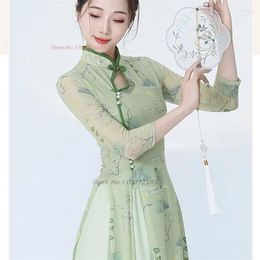 Stage Wear 2024 Chinese Traditional Qipao Dress Retro Folk Dance Costume Performance Mesh Tops Pants Flower Print