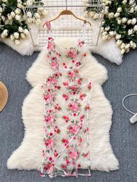 Casual Dresses Rose Embroidery Mesh Camisole Dress White See-through High Waist Mid-length Slit Elegant Women Fashion Trend 2024