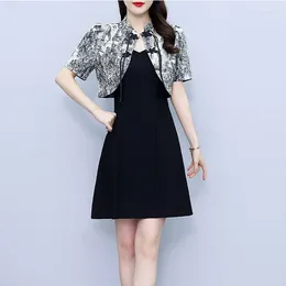 Work Dresses Summer Chinese Style Two-piece Set For Women Short Printed Cardigan Tops And Black Sling Dress Female Large Size Slim Suits