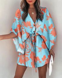 2023 Summer Fashion Sexy Vneck Print Beach Party Mini Dress Elegant Lace up Waist Relaxed Loose fitting Clothing 240426