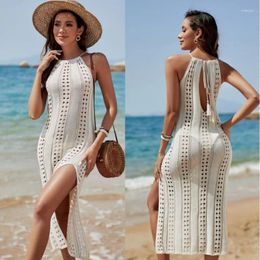 Beach Wear Vacation Women Outfits Bath Exits Dress 2024 Split Halter Sexy Hollow Out Knitted Solid Cotton Swimsuit Tunic For