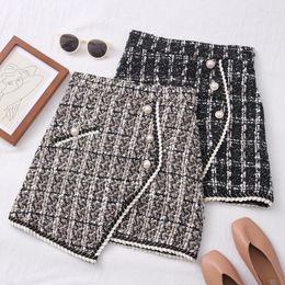 Skirts Tweed For Women High Waist Slimming Autumn Spring 2024 Buttons Double Breasted Wool Mini Skirt