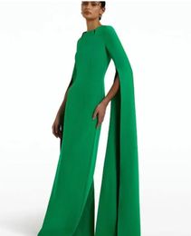 Classy Long Crepe Green Evening Dresses with Sleeve Sheath Asymmetrical Neck Floor Length Zipper Back Prom Dresses for Women