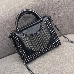 Bag Punk Style Women Top-handle PU Leather Handbag With Rivet And Tassel Purse Women's Shoulder Bags Small Chain