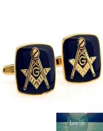 Wholemen039s jewelry Pattern wedding gift shirt cuff links for men unique groomsmen gifts Blue Masonic Cufflinks with Gold5815239