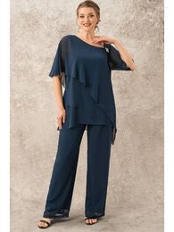 Women's Two Piece Pants Plus Size Mother Of The Bride Navy Blue Decorative Button Single Cape Asymmetrical Hem Pant Suits