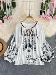 Casual Dresses Summer Women's Shirt Fashion V-neck Long Sleeved Lantern Sleeve Embroidered Retro Ethnic Style Top Clothing