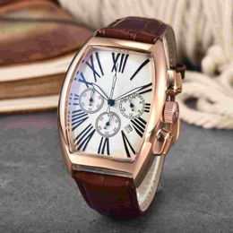 Wine Barrel Men's fashion watch Three pin display Calendar leather strap quartz electronic copper case