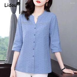 Women's Blouses Women Korean Fashion Lace Patchwork Button Up Shirt Elegant V Neck 3/4 Sleeve Blouse Casual Solid Cotton Loose Tops Blusas