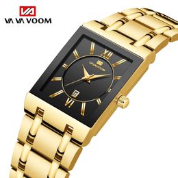 Wristwatches Men Business Simple Design Luxury Fashion Rectangular Black Gold Stainless Steel Calendar Waterproof Quartz Mens es d240430