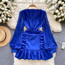 Casual Dresses Gagaok French Style Bubble Sleeve Temperament Dress Women 2024 Spring Clothing Niche Pleated Slim Ruffles Vestidos