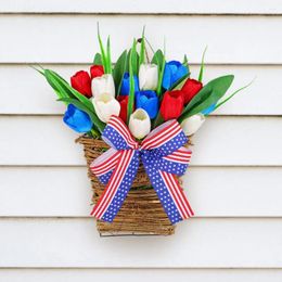 Decorative Flowers Spring Door Hanging Basket Front Tulip Wreath Patriotic With White Blue Bowknot For Independence July