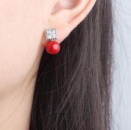 New Red Simulated Pearl Designer Earrings for Women Luxury Square Design Stud Jewellery with Cubic Zircon Bijoux Gift7940850