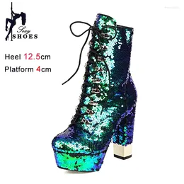 Boots Golden Short Women Platform Heels Glitter Bling Round Side Zip Block Heel Shoes Gold Silver Green Size 34-43 Botas Mujer