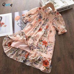 Girl Dresses Qunq 2024 Summer Chiffon Girls Floral Dress Pink Color Straight Casual Clothes For Children Lovely Princess Outfit