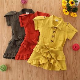 Girl Dresses Kids Girls Casual Shirt Dress Turn Down Collar Summer 2024 Arrival Children Red Yellow Cute Bud For 2-7Y