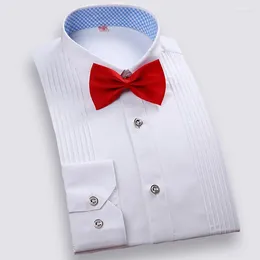 Men's Dress Shirts Men Tuxedo Slim Fit Long Sleeve Solid Multiple Colors Wedding Brideroom Formal Tops Bow Tie Included