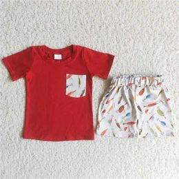 Clothing Sets Baby Boy Summer Red Short Sleeve Fish Hook Pocket Shirt Shorts Children Boutique Kids Set Wholesale Fashionable Outfit
