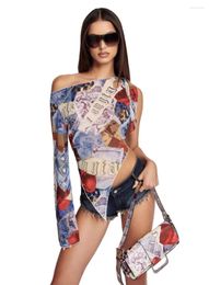 Women's T Shirts IAMGIA Cherry Denim Print Italian Style One-shoulder Irregular Cut Tulle Long Sleeve Top