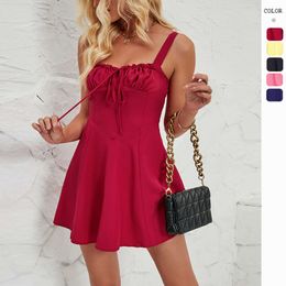 Hot selling Summer Strapless Tie Up Solid Colour A-line Skirt Hem Mini Dress with Suspender Skirt for Women