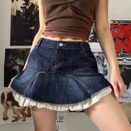 Skirts Sweet Gothic Style Women's Denim Skirt 2024 Summer Fashion Streetwear High Waist Ruffles Patchwork Female Pleated