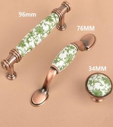 96mm Europe style white and green porcelain furniture handle red bronze cabinet drawer knob antique copper dresser handle5647121