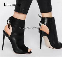 Boots Women Classical Style Peep Toe Stiletto Heel Short Gladiator Cut-out Lace-up Black Leather High Ankle Booties Heels