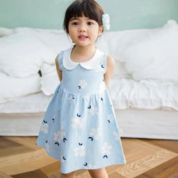 2023 Summer Girl Korean Version Sleeveless Peter Pan Collar Vest Dress Kids Cotton Linen Princess Baby Casual Sundress 240426
