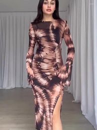 Casual Dresses Women's O-neck Long Sleeve High Waist Folds Split Mid-calf Dress Streetwear Ladies Printed Slim See Through Mesh Party