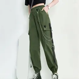 Women's Pants Women Solid Chain Decor Multi Pockets High Elastic Waist Loose Cargo Deep Crotch Straight Streetwear Long Trousers