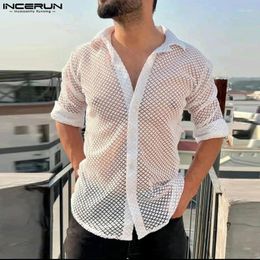Men's Casual Shirts INCERUN Men Shirt Lace Transparent Hollow Out Lapel Long Sleeve Sexy Clothing Streetwear 2024 Fashion Camisas S-5XL