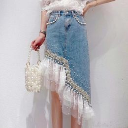 Skirts Summer Spring Denim Skirt Women's Ladies Luxury Pearls Beaded Lace Slim Young Party Nice Spliced NZ56