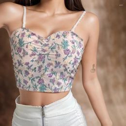 Women's Tanks ITOOLIN Cute Crop Tops Women Sweet Print Tank With Bra Pad Knitted Backless Pleated Camisole For Spring Summer 2024