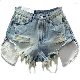 Women's Jeans European Style 2024 Summer Beggar Ripped Denim Shorts High Waist Slimming Girl A- Line Burr Pants