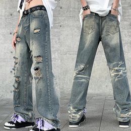 Men's Jeans Plus Size M-5XL Hole Retro Drape Denim Pants Fashion Beggar Personality High Street Hip Hop Teenager Trousers