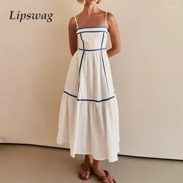 Casual Dresses Summer Sling Tube Top A-Line Dress Fashion Ladies Sleeveless Contrast Color Long Female Sweet Backless Pleats Sexy