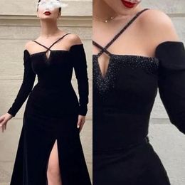Party Dresses Prom With Slit Simple Off The Shoulder Empire Pageant Dress Floor Length Cross Long Sleeve Taffeta Formal Evening Gowns