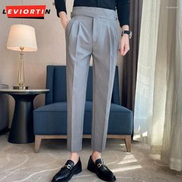 Men's Suits 20244 Spring And Autumn British Style Belt Design Slim Fit Suit Formal Social Wedding Dress Small Cropped Pants