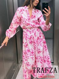 TRAFZA Vintage Casual Chic Women Suit Print Flower Pink V Neck Single Breasted Blouse Long Skirt Fashion Spring Summer Sets 240428