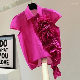 Women's Blouses 2024 Summer Korean Style Exquisite Flowers Stitching Short Sleeve Shirt Glossy Tassel Fashion All-Match Chiffon Blouse