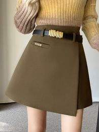 Skirts QOERLIN Women Woollen Skorts Wide Leg High Waist Irregular Mini With Belt Korean Fashion Sexy Short Skirt Shorts A-Line