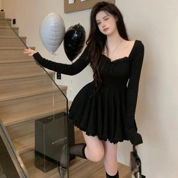 Casual Dresses Korean Dress Short Waist Closed Collarbone Exposed Sexy Square Collar Sweet