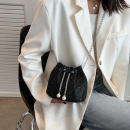 Drawstring Women Luxury Shoulder Bag Solid Colour Rhinestone Fashion Bucket Glittering Satchel Female Dating