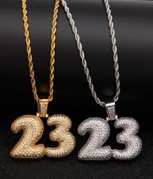 Men Custom bubble letter Number 23 Pendant Necklace Hip Hop Full Iced Out Cubic Zirconia gold sliver CZ Stone3940564