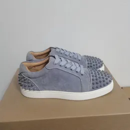 Casual Shoes Men Grey Suede Rivet Flat Low Top Spike Sneakers Lace-up Plus Size39-47