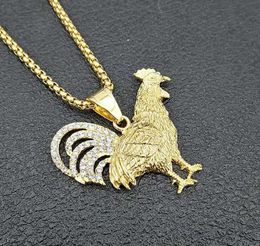 Hip Hop Rhinestones Paved Gold Color Stainless Steel Chicken Cock Rooster Pendants Necklace for Men Jewelry8626012