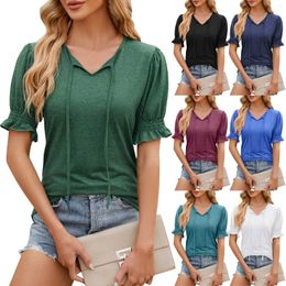 Women's T Shirts Spring And Summer Solid Color V-neck Lace-up Cuffs Gathered Loose Short-sleeved Korean Style T-shirt Poleras Mujer