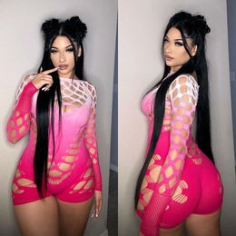 2024 New Shorts Jumpsuit Sexy Holllow Out Bodysuit Onepiece Romper Jumpsuits For Women Full Sleeve Gradient Print Bodycon Playsuit