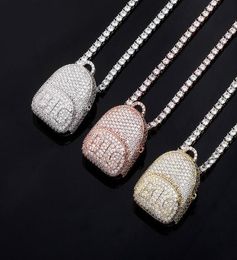 Unique Fashion Design Gold Silver Color Iced Out Bling CZ BIG Schoolbag Pendant Necklace with 24inch Rope Chain For Men Women3411034